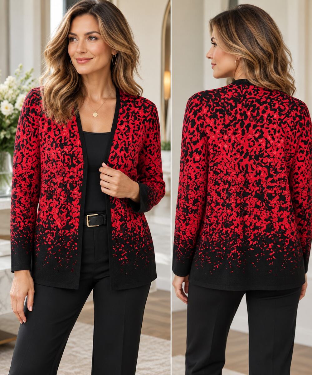 Chico’s Blister Knit Cardigan Women’s Size 2 Large Red Black Animal Print